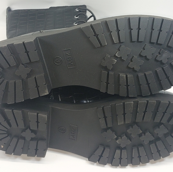 Coutgo Womens Mid Calf Lace Up Boots Lug Sole Closed ToeSide Zipper Military - Picture 2 of 9